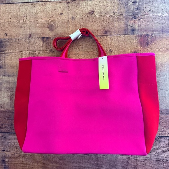NWT SUMMERSALT Beach Tote Hand Bag Neoprene Red Pink/Rough Rose Color - Picture 2 of 10